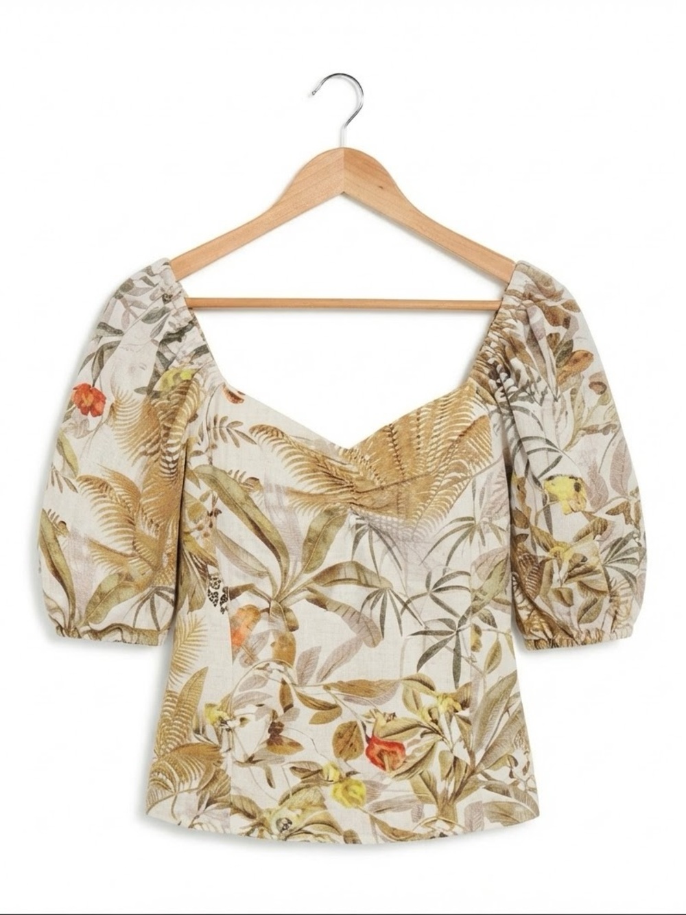 H&M Ladies Crop Top Linen Blend Tropical Puff Sleeves XS Sweetheart